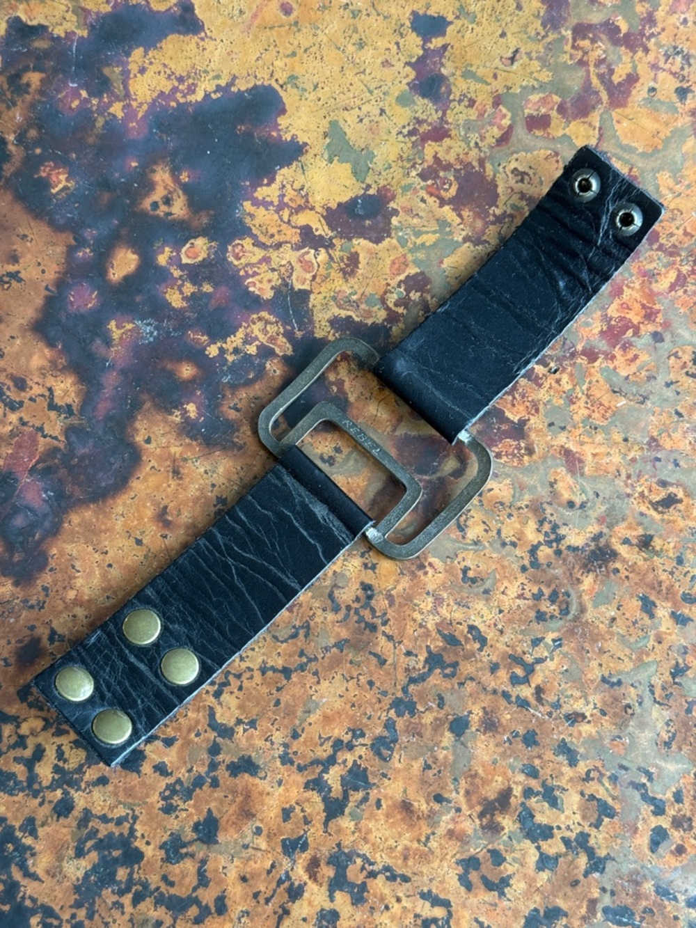 Black Leather Cuff Bracelet with Crystal-Embellished Bronze Buckle 2 Snap Close - Picture 9 of 11